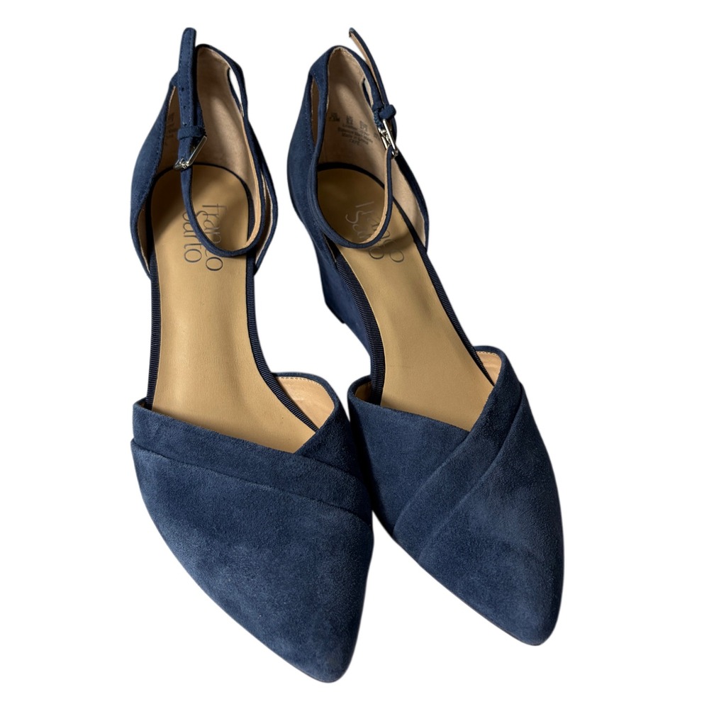 Franco Sarto Faye Navy Blue Suede Pointed Toe Wedge Pumps Ankle Strap Office 7.5